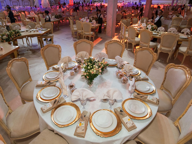 Golden banquet hall dressed for a gala